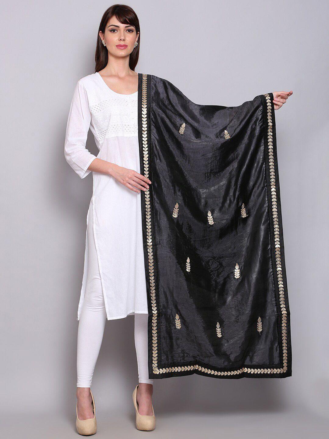 miaz lifestyle women black & gold-toned  woven design dupatta with gotta patti