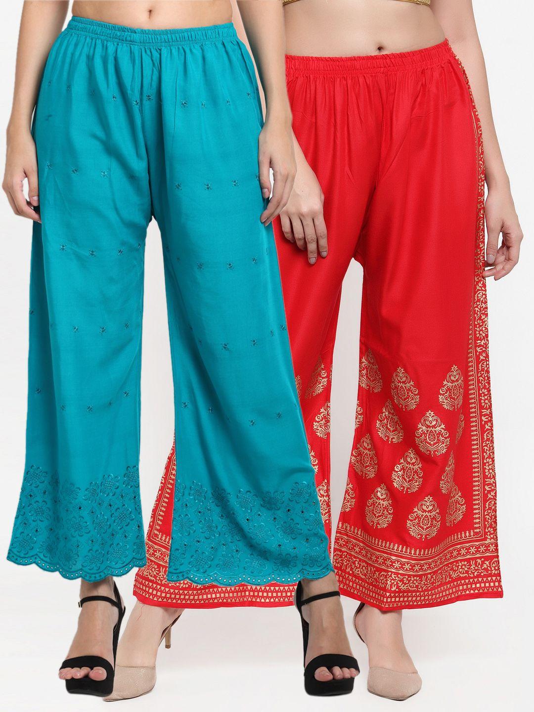 miaz lifestyle women blue & red 2 ethnic motifs flared knitted ethnic palazzos