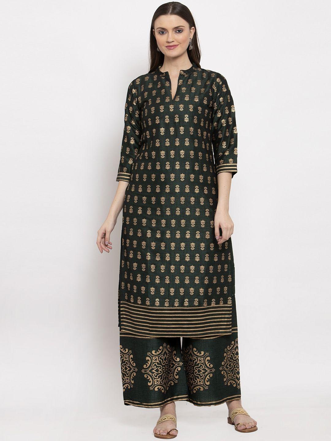 miaz lifestyle women green & gold-toned printed kurta with trousers