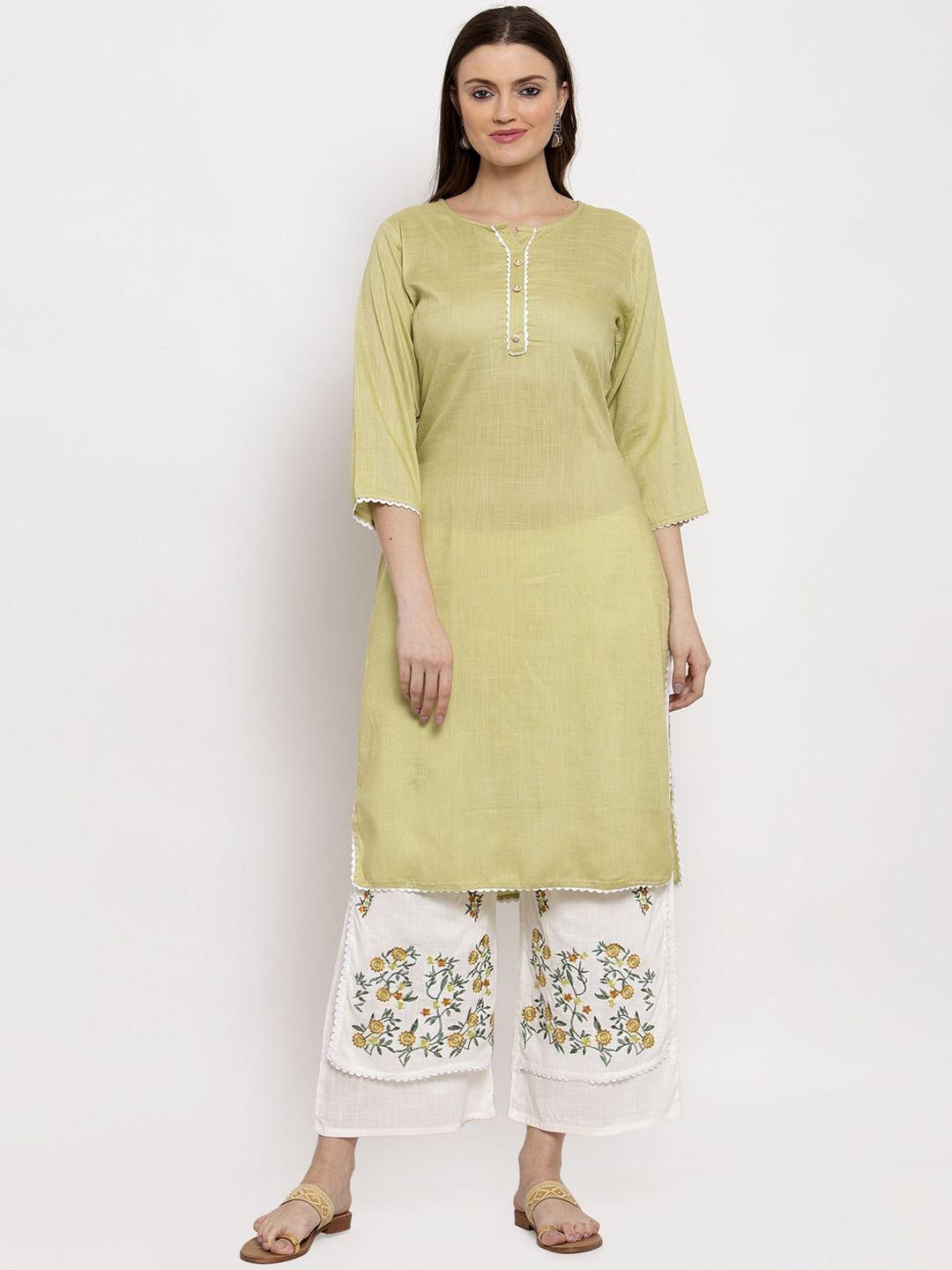 miaz lifestyle women green & white self design kurta with trousers