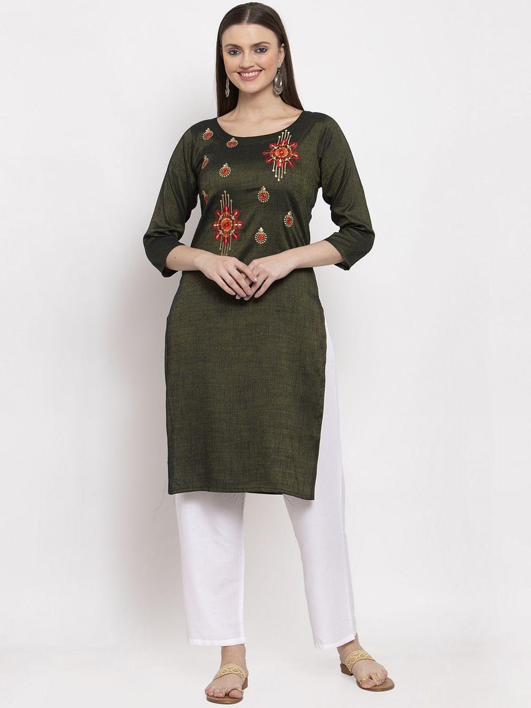 miaz lifestyle women green embroidered straight kurta