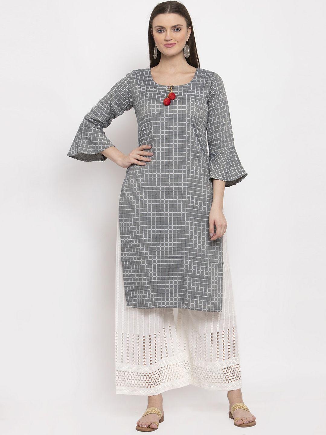 miaz lifestyle women grey checked straight kurta