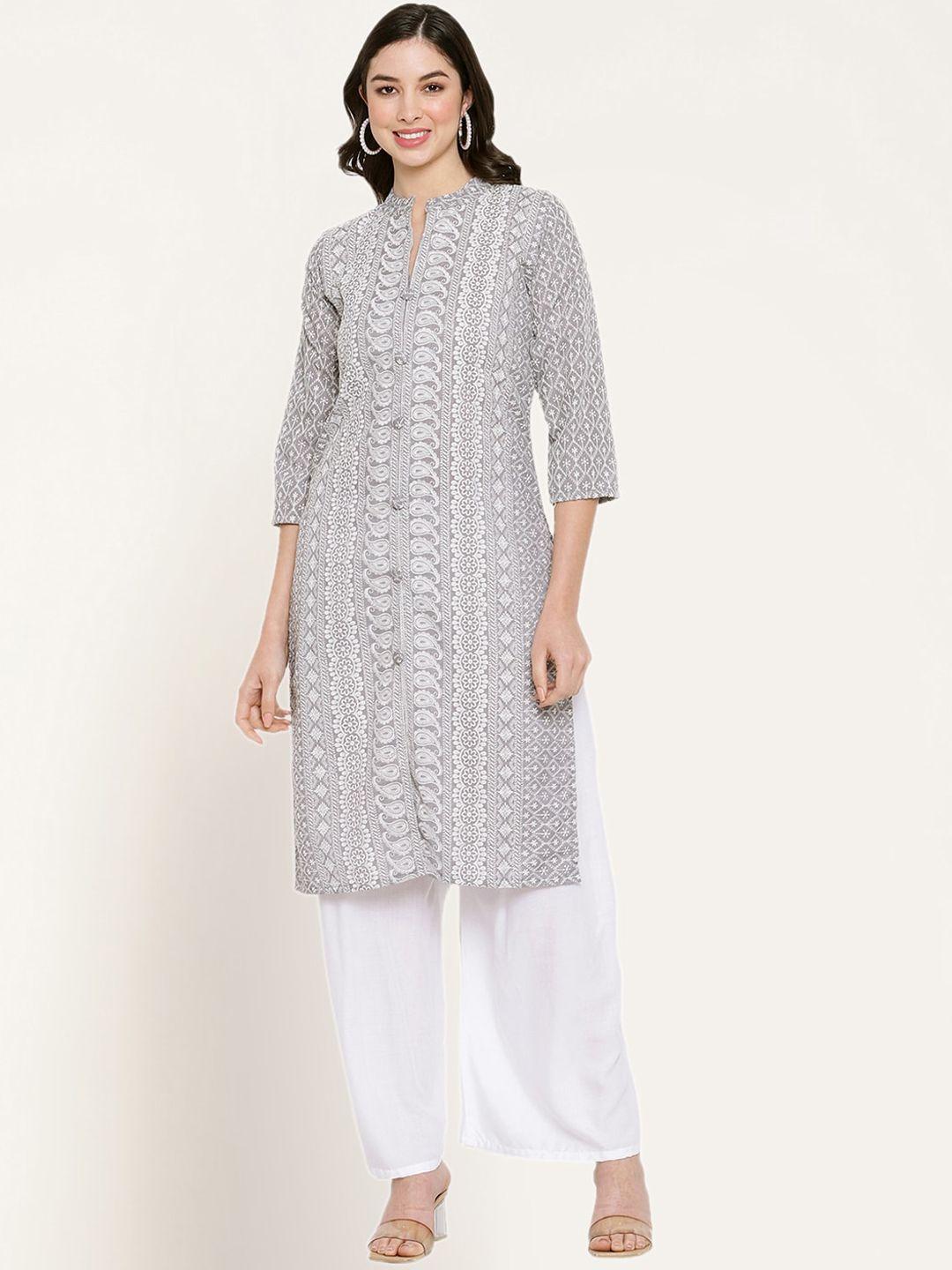 miaz lifestyle women grey geometric printed mirror work indigo kurta