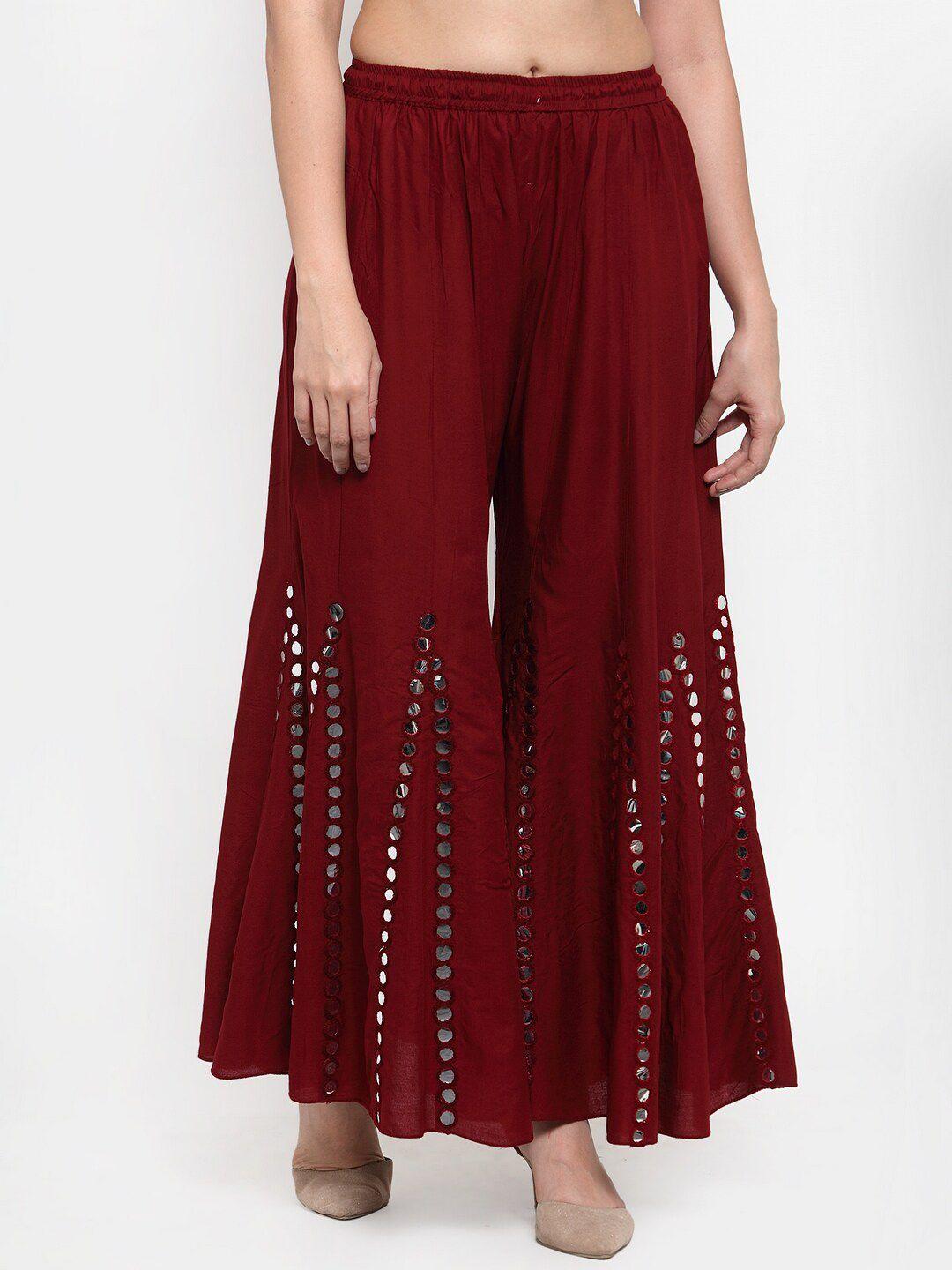 miaz lifestyle women maroon embellished flared palazzos