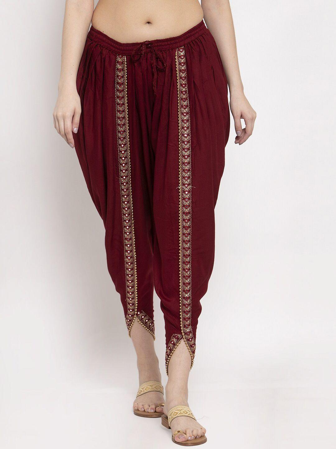 miaz lifestyle women maroon solid dhoti salwar with embellished border