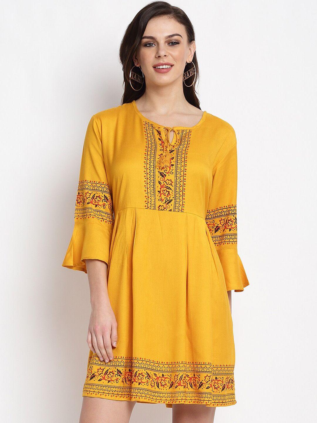 miaz lifestyle women mustard yellow printed fit and flare dress