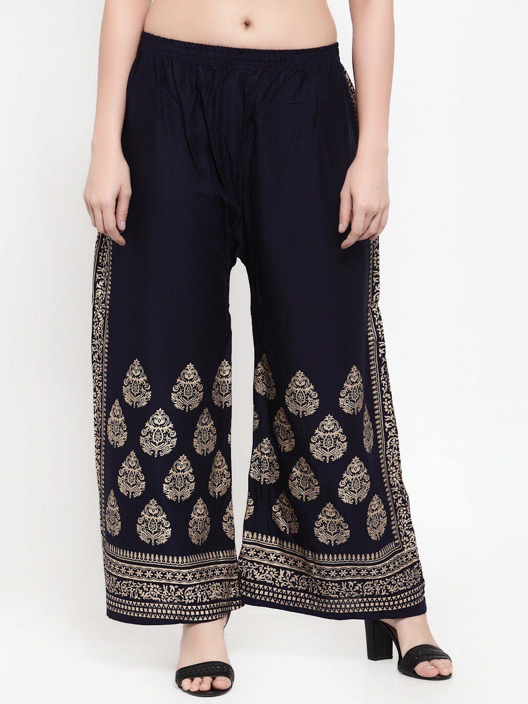 miaz lifestyle women navy blue & gold-toned ethnic motifs printed palazzos