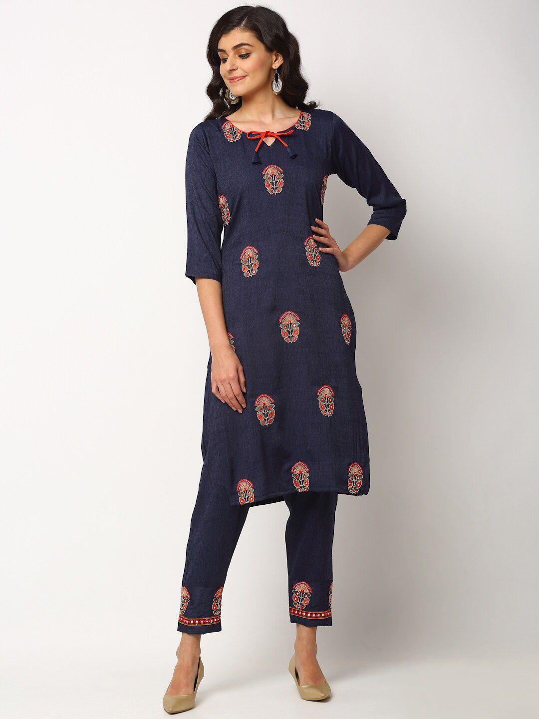 miaz lifestyle women navy blue ethnic motifs printed kurta with trousers