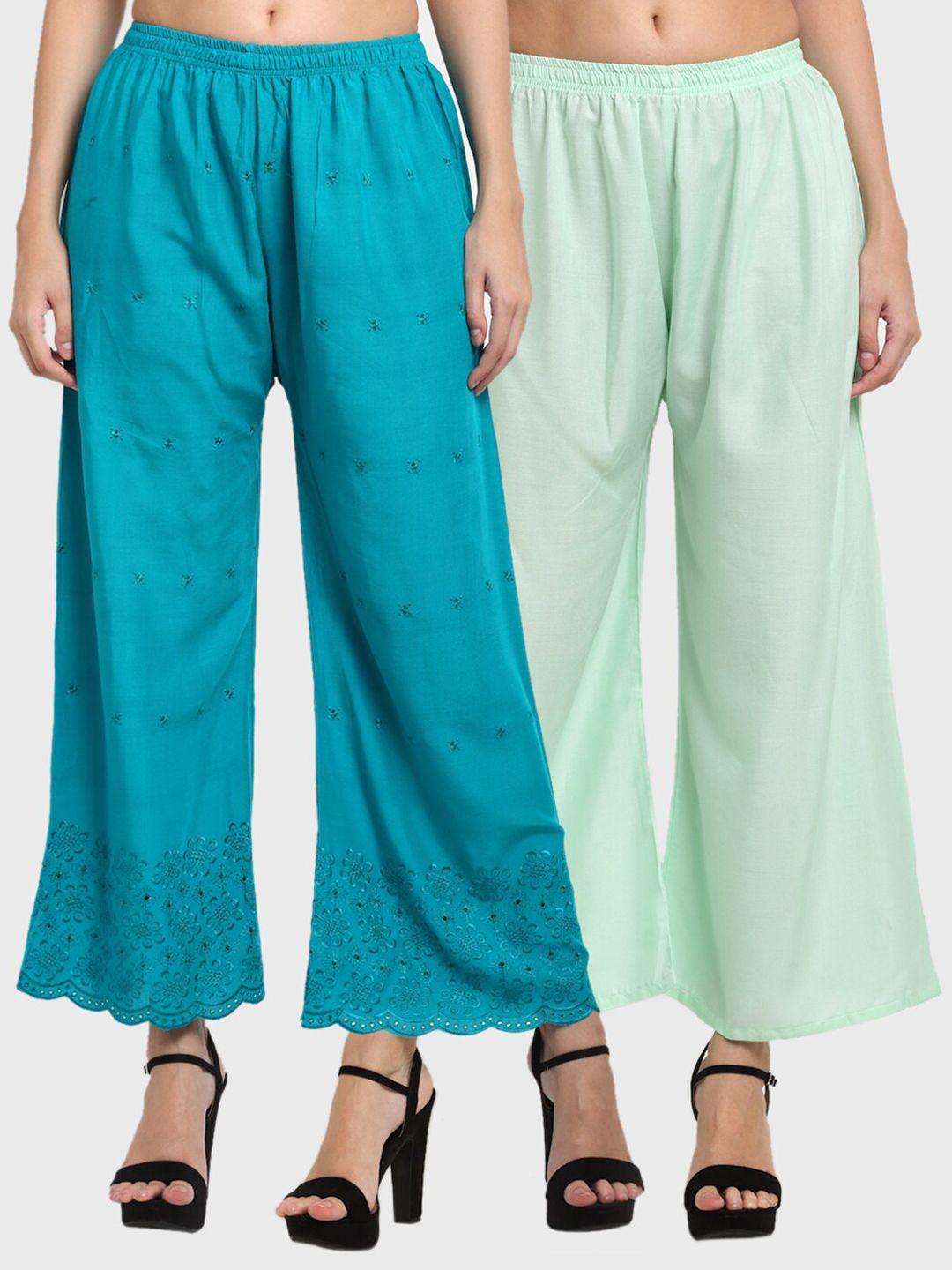 miaz lifestyle women pack of 2 blue & green ethnic palazzos