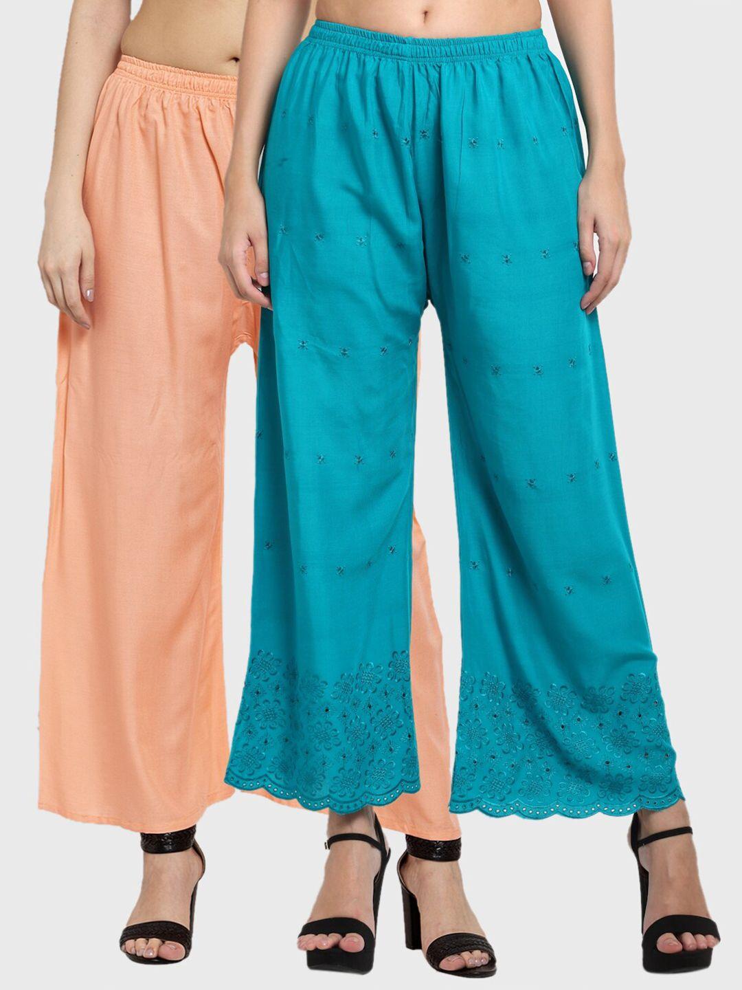 miaz lifestyle women pack of 2 blue & peach-coloured  ethnic palazzos