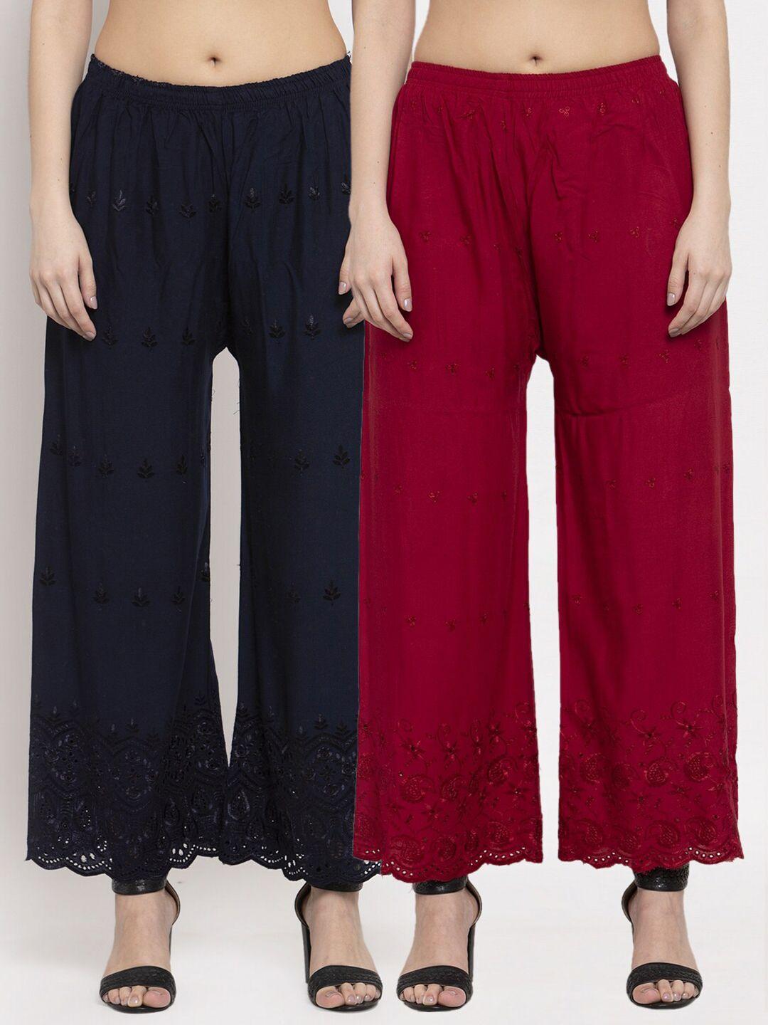 miaz lifestyle women pack of 2 maroon & navy blue embroidered ethnic palazzos