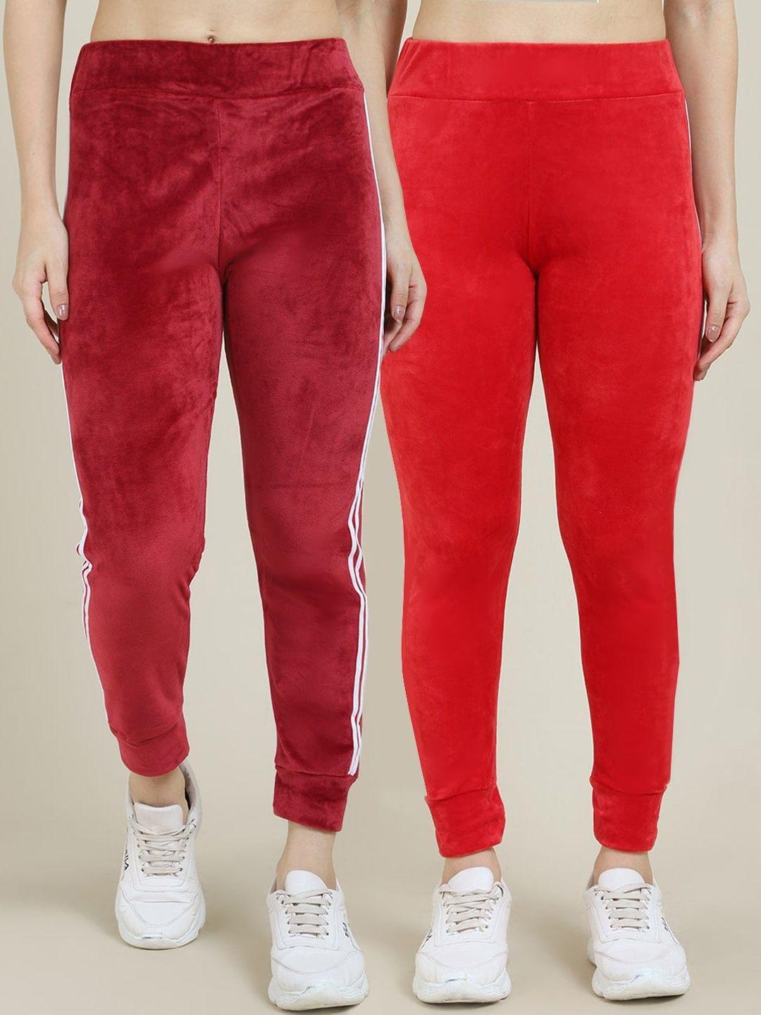 miaz lifestyle women pack of 2 maroon & red solid relaxed-fit joggers