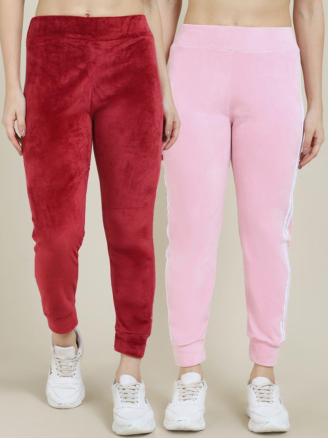 miaz lifestyle women pack of 2 red & pink solid relaxed-fit joggers