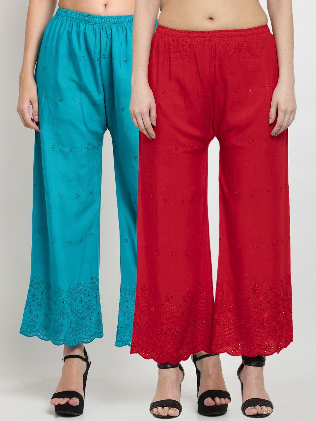 miaz lifestyle women pack of 2 red & teal floral embroidered ethnic palazzos