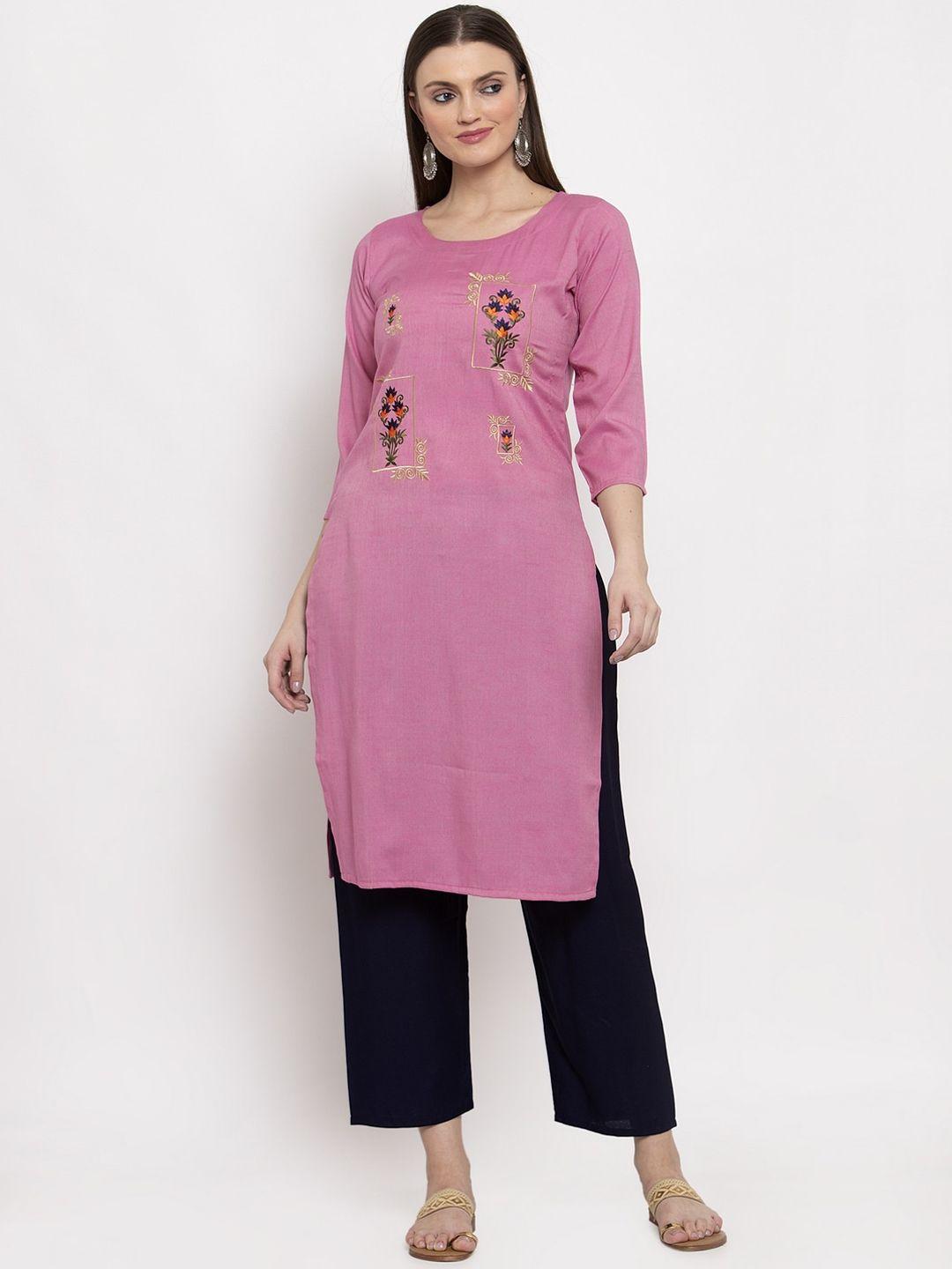 miaz lifestyle women pink & golden ethnic motifs embroidered kurta