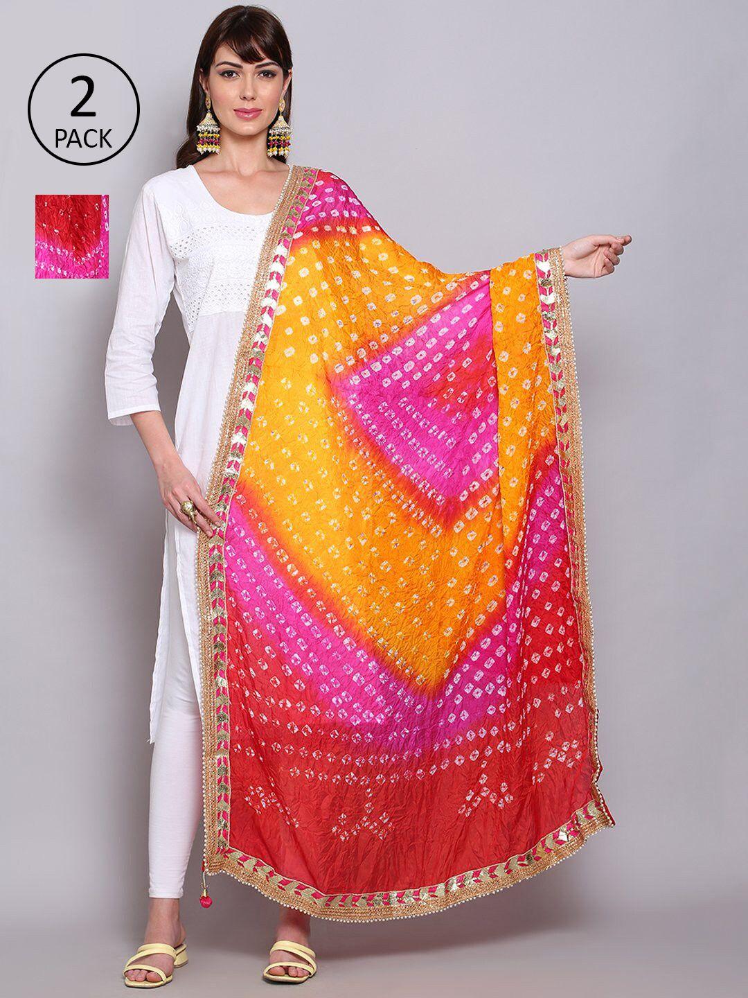 miaz lifestyle women pink & orange printed bandhani dupatta with gotta patti border