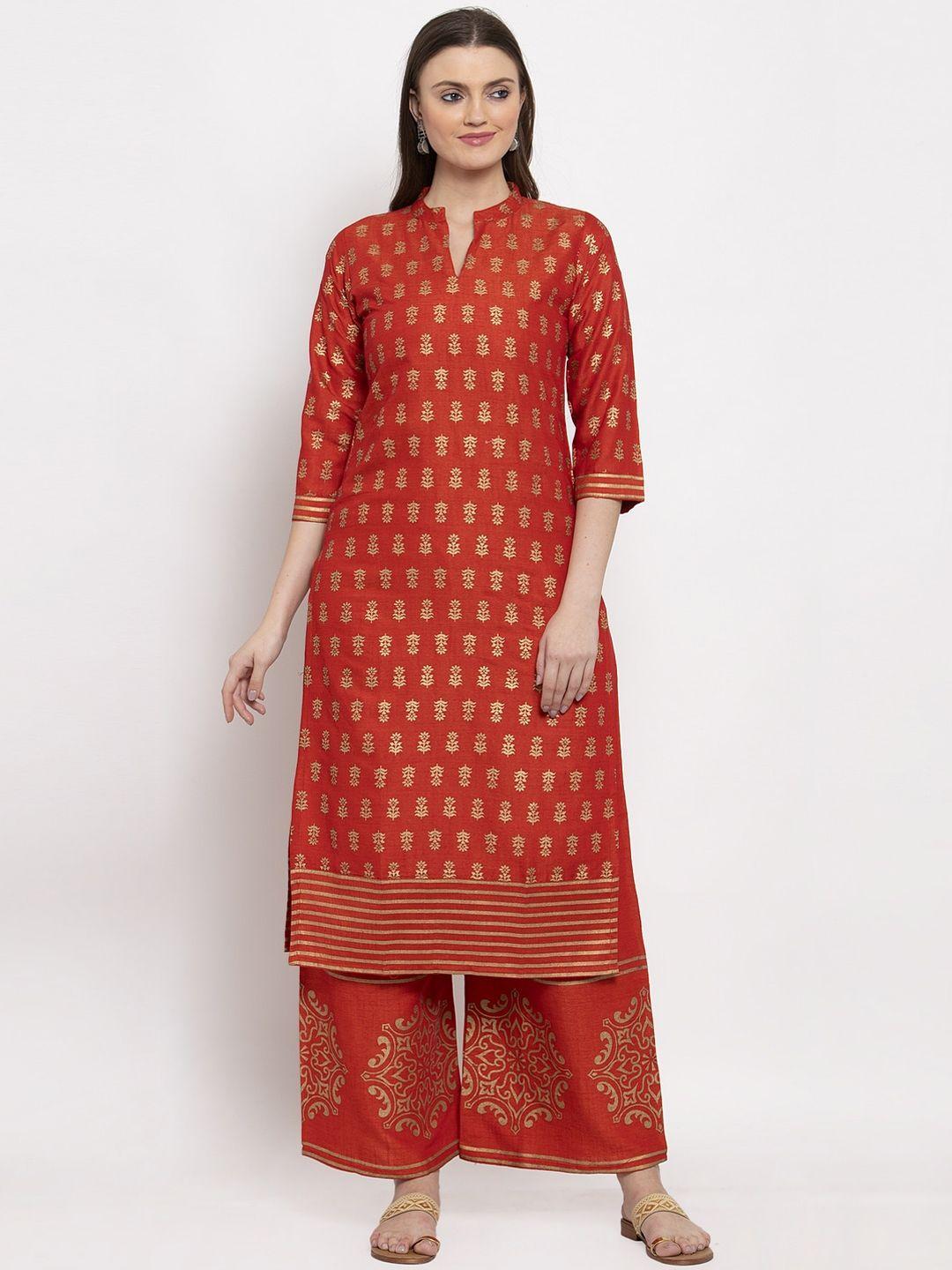 miaz lifestyle women red & golden ethnic motifs printed kurta