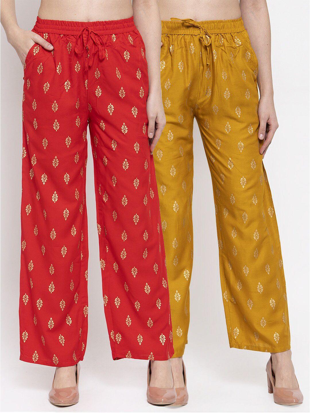 miaz lifestyle women set of 2 red & mustard yellow ethnic motifs printed palazzos