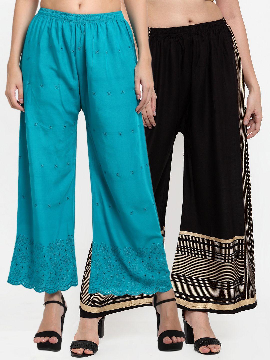 miaz lifestyle women turquoise blue & black 2 ethnic motifs hem design flared ethnic palazzos