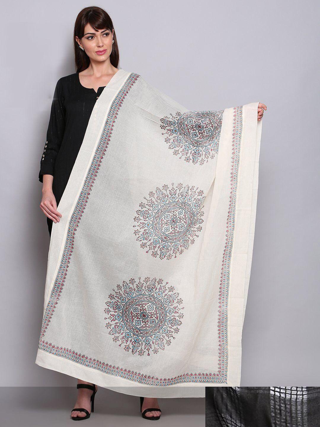 miaz lifestyle women white & black woven design cotton silk dupatta with gotta patti