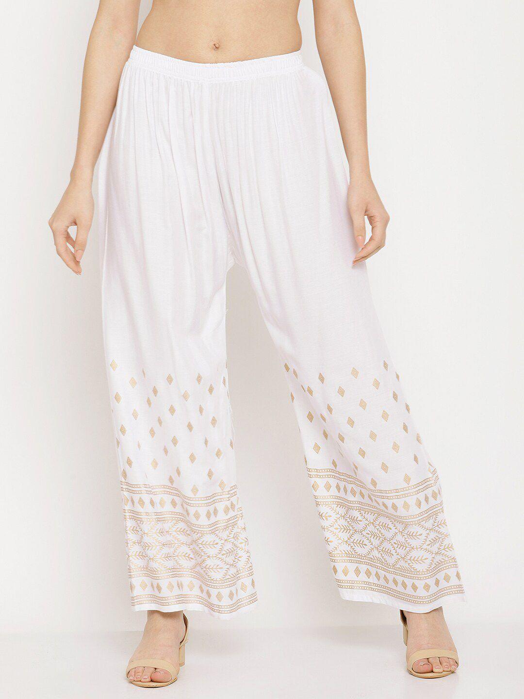 miaz lifestyle women white & gold-toned ethnic motifs printed ethnic palazzos