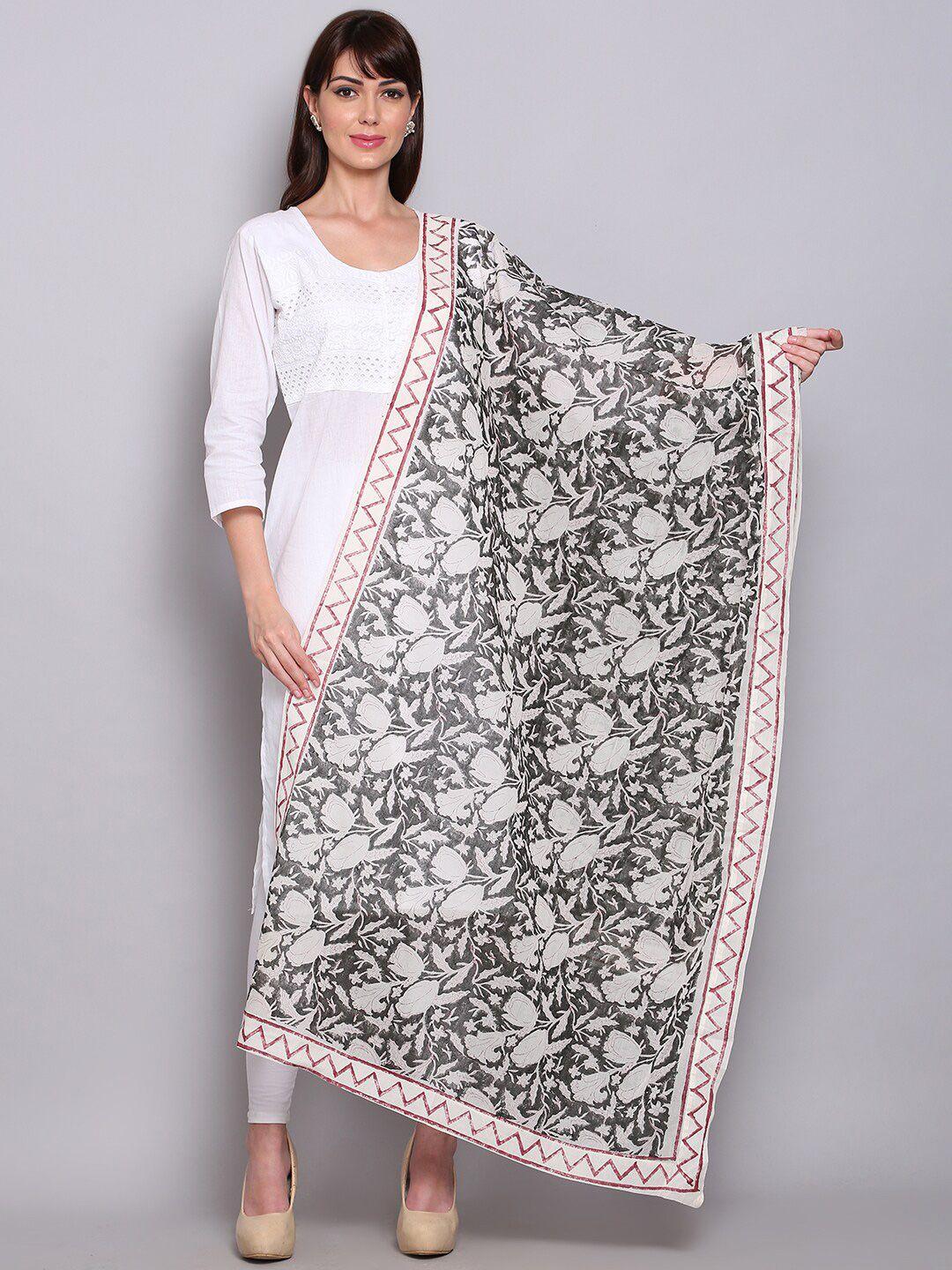 miaz lifestyle women white & grey printed cotton silk dupatta