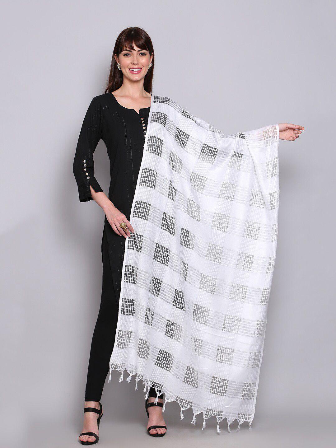 miaz lifestyle women white checked pure cotton dupatta