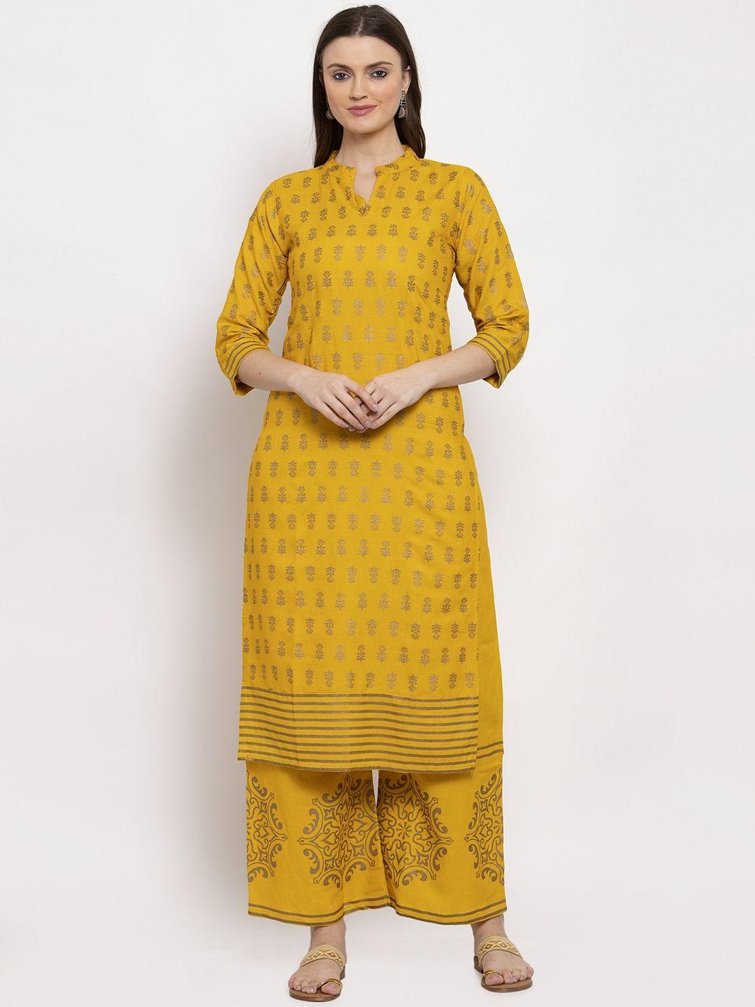 miaz lifestyle women yellow & gold-toned self design kurta with trousers