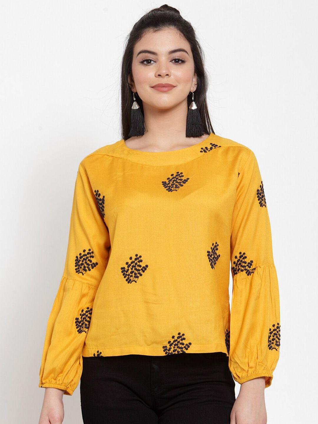 miaz lifestyle women yellow floral embroided regular top