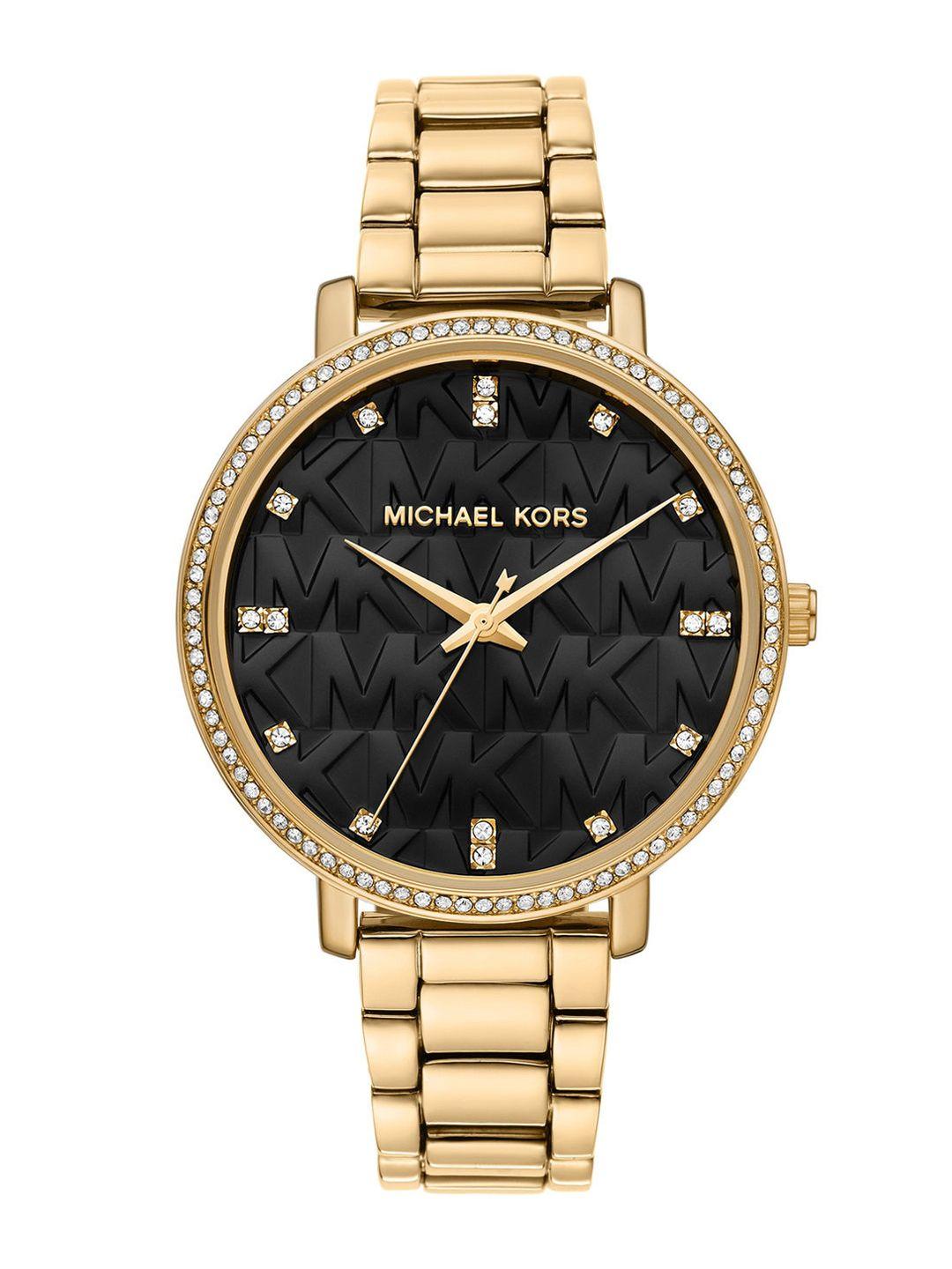 michael kors women black dial & gold toned bracelet style straps analogue watch mk4593