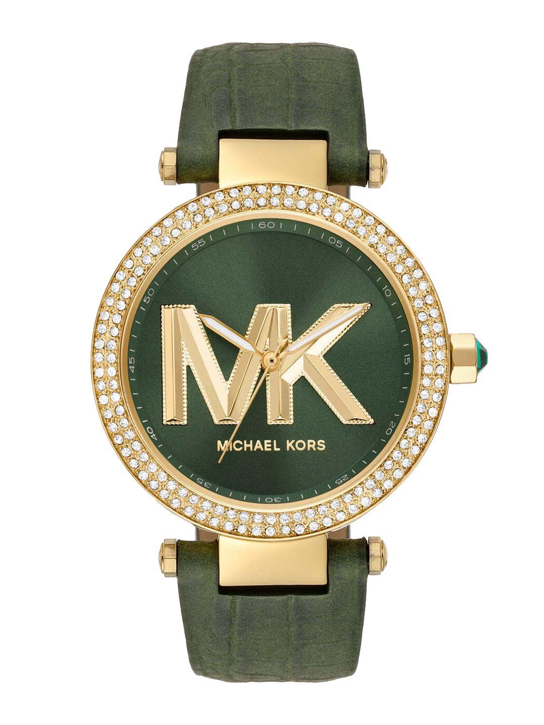 michael kors women embellished dial & leather straps analogue watch mk4724