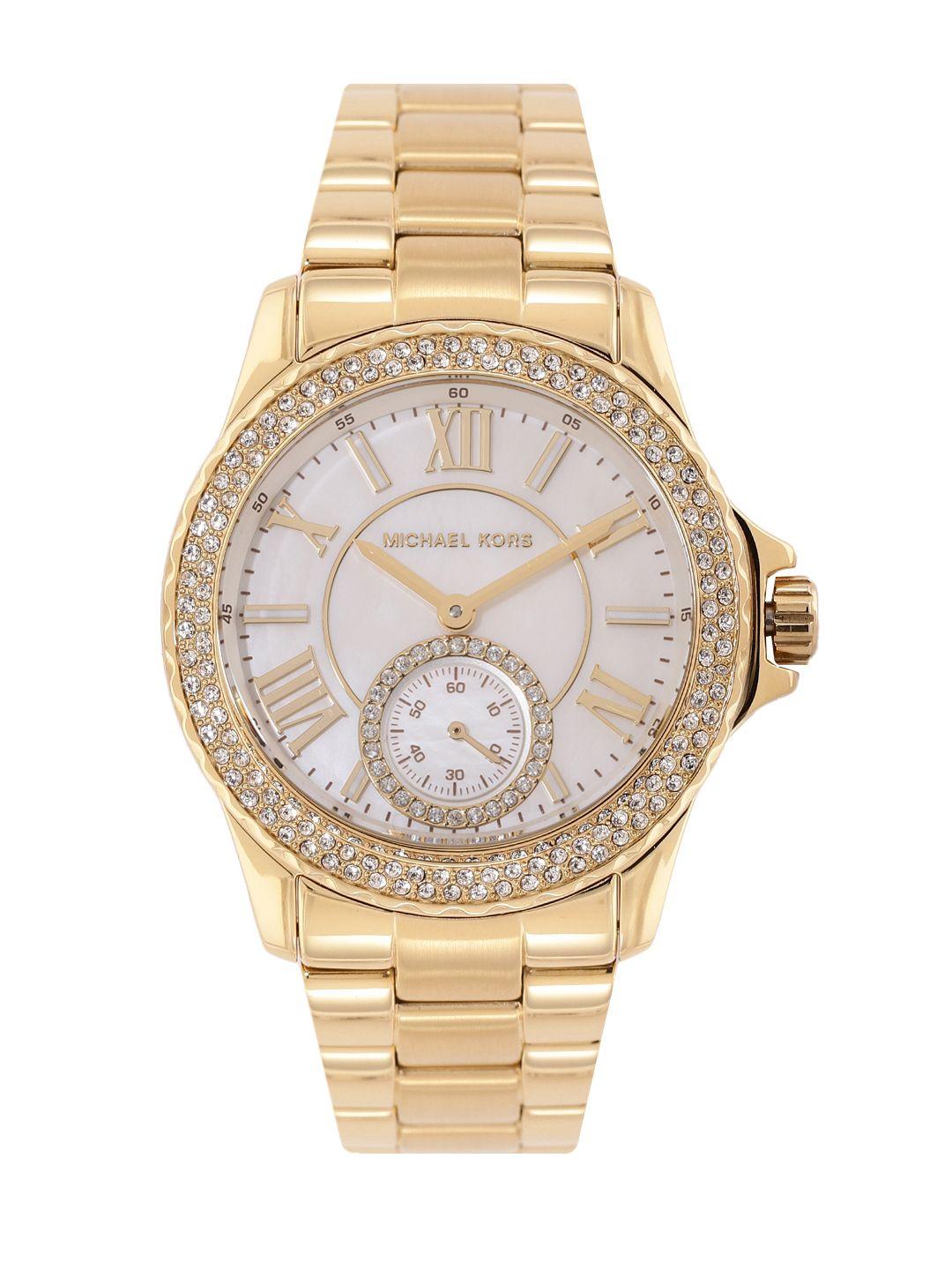 michael kors women embellished everest bracelet style analogue watch mk7363-gold