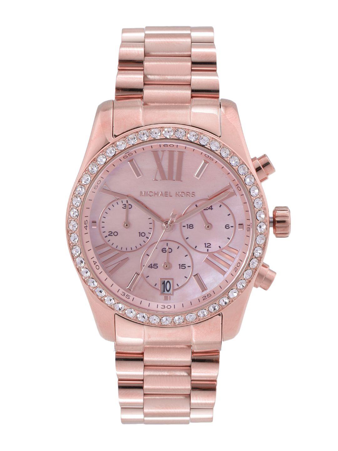 michael kors women pink & rose gold-toned bracelet style lexington analogue watch mk7242