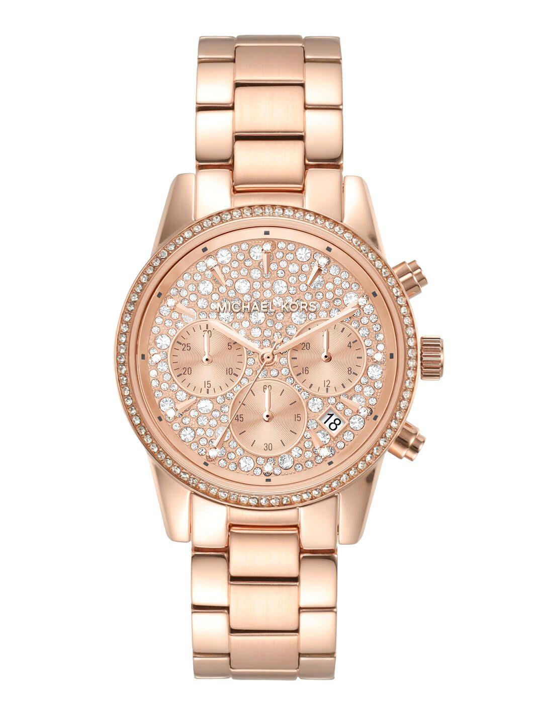 michael kors women rose gold-toned ritz embellished analogue watch mk7302