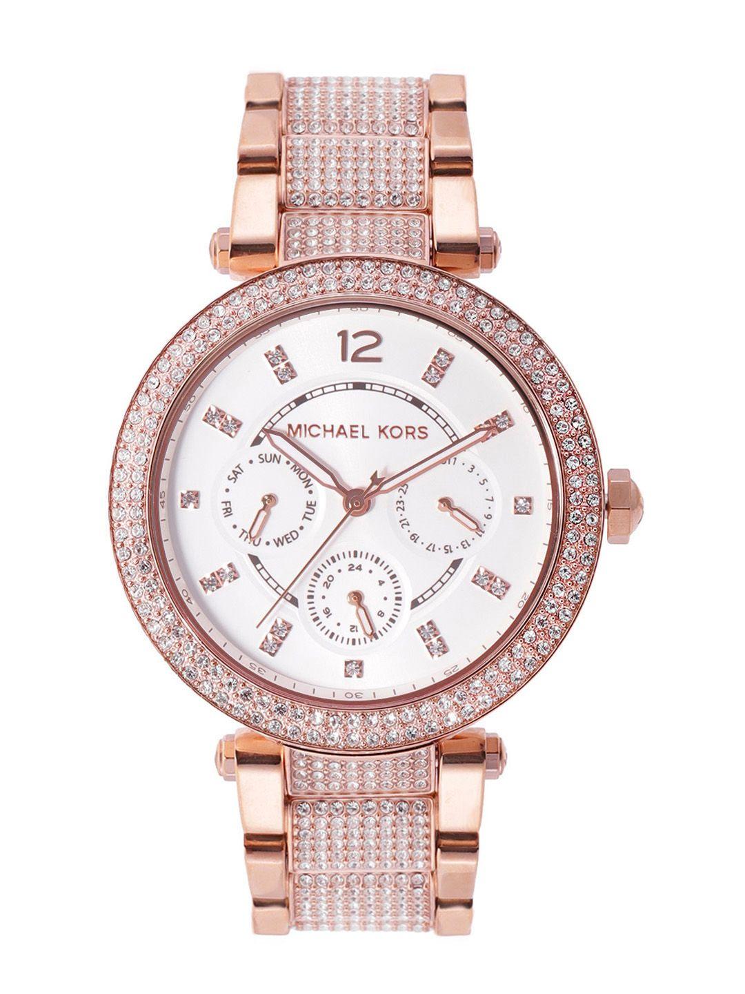 michael kors women white dial & rose gold-plated parker analogue chronograph watch