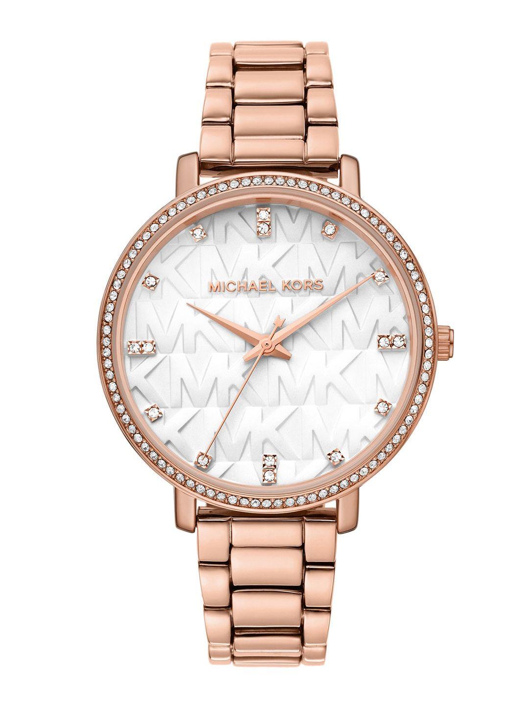 michael kors women white dial & rose gold-plated straps analogue watch mk4594