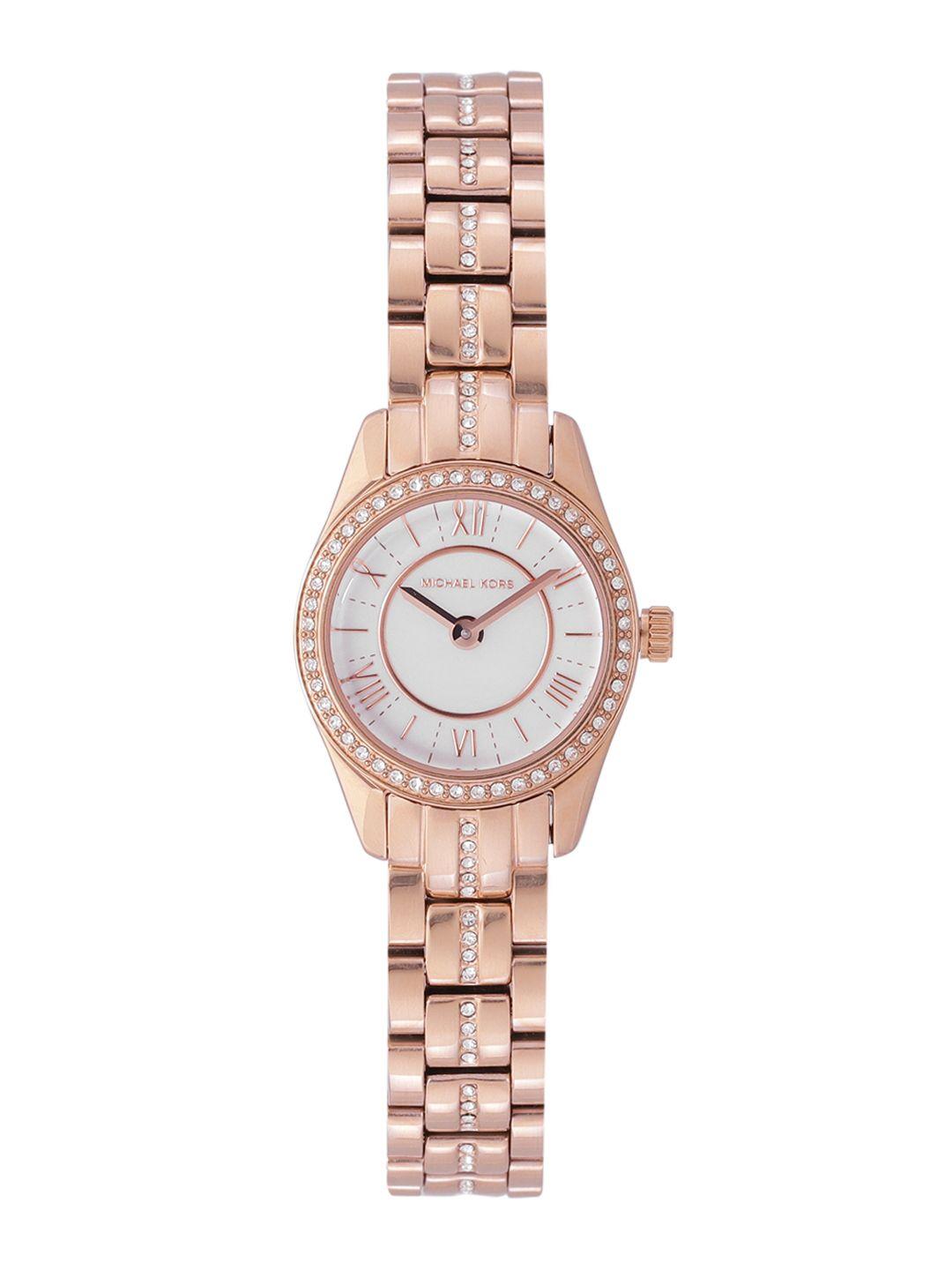 michael kors women white dial & rose-gold toned bracelet style analogue watch mk4485