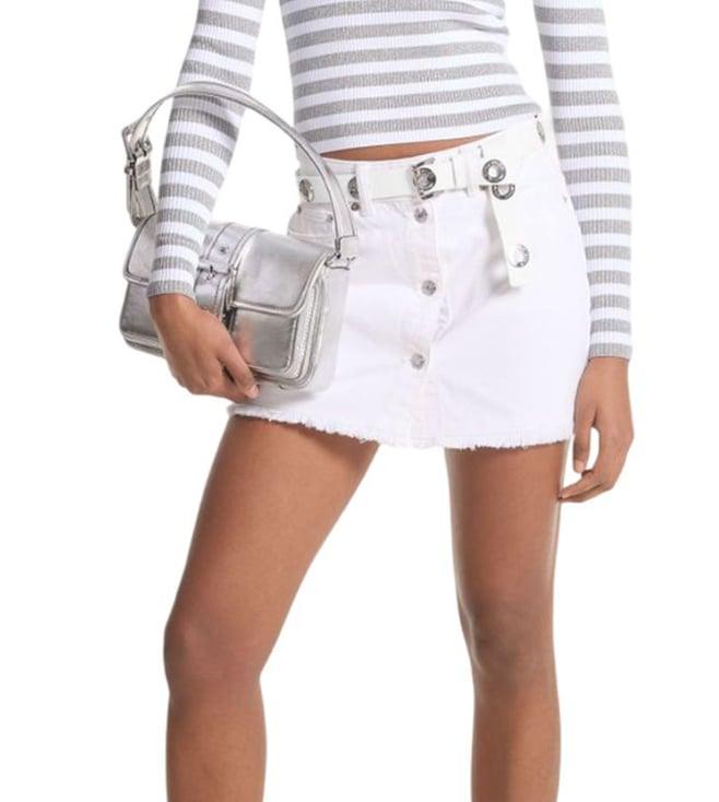 michael michael kors optic white frayed denim regular fit mini skirt