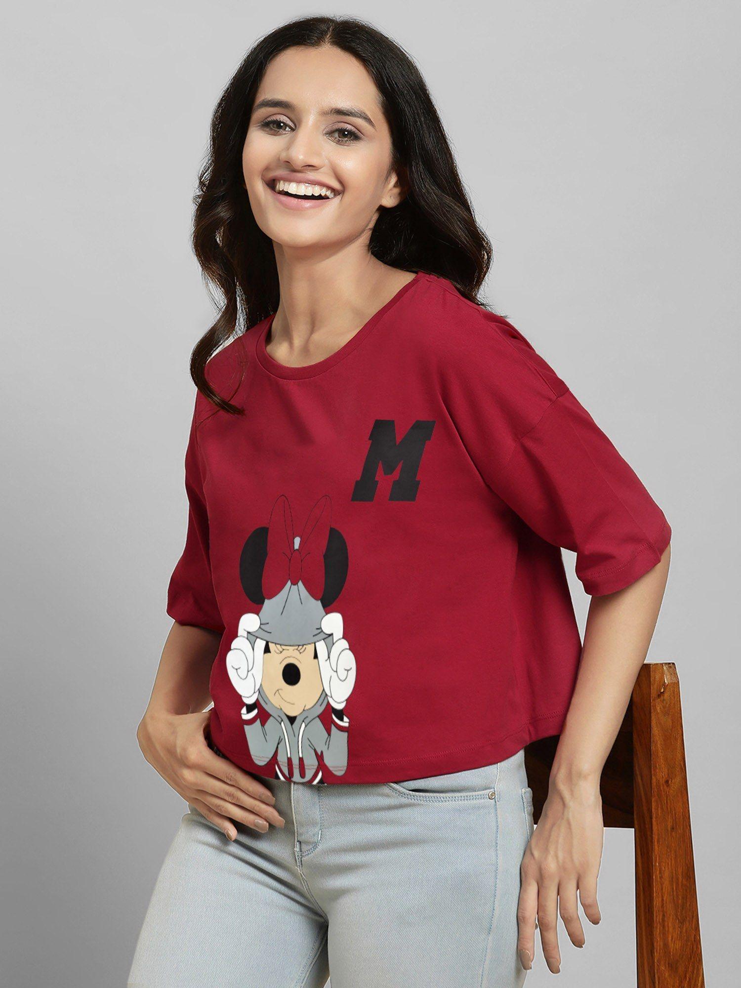 mickey & friends printed loose fit red cotton women t-shirt