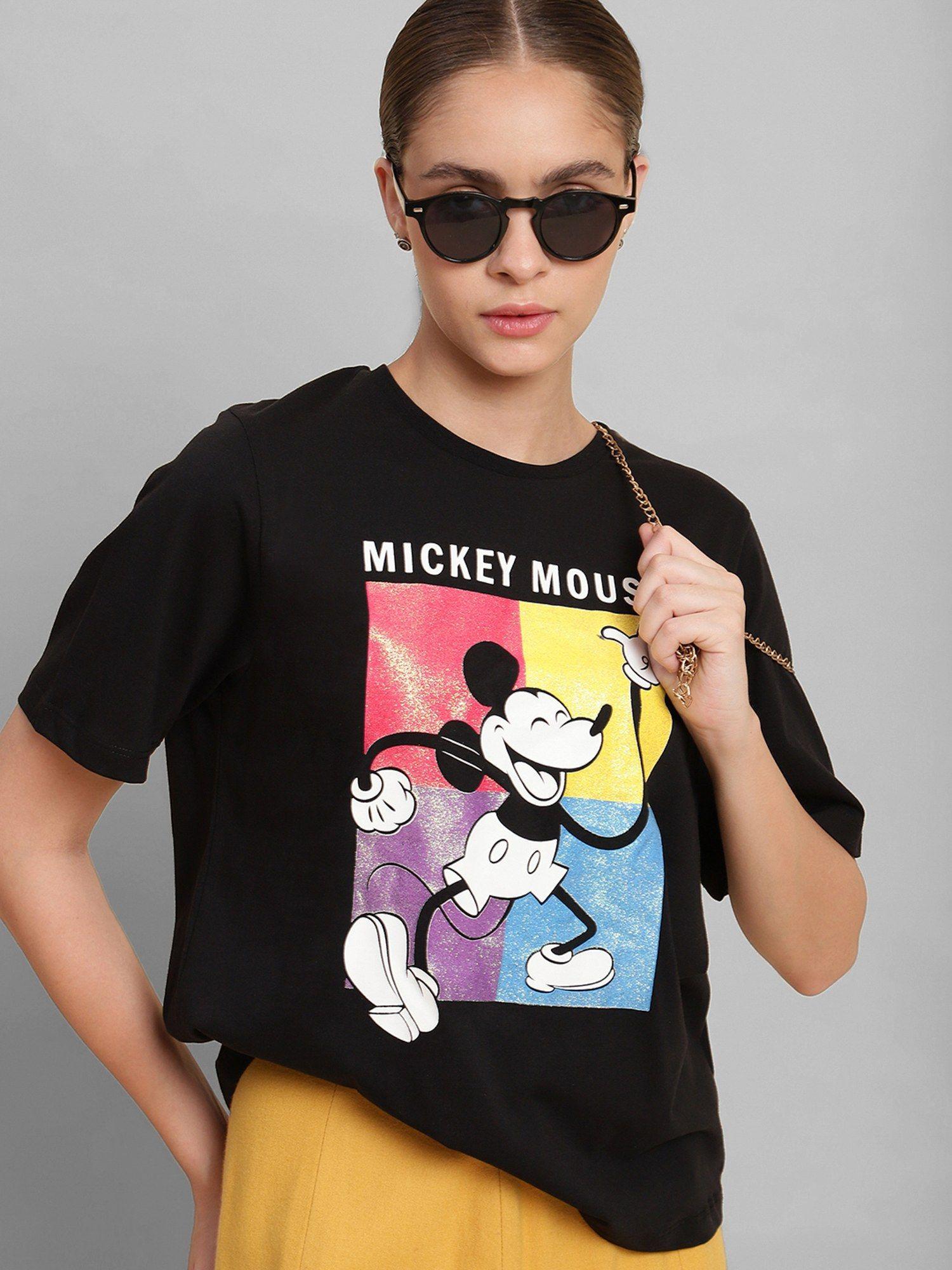 mickey & friends printed regular fit black cotton women t-shirt