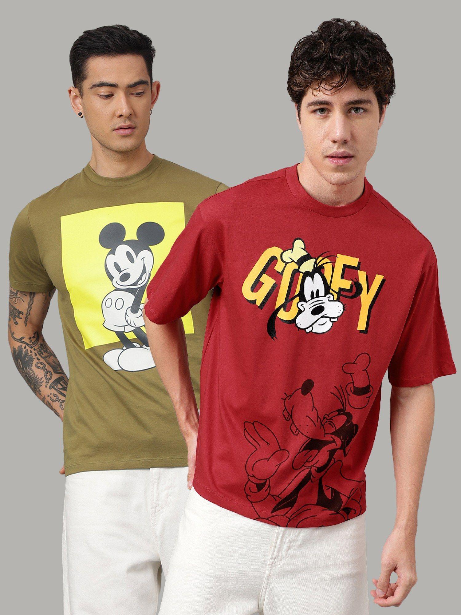 mickey & friends printed regular fit multicolor cotton men t-shirt (pack of 2)