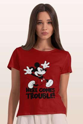 mickey brings trouble round neck womens t-shirt - red