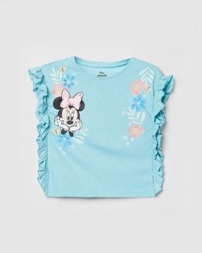 mickey mouse print round-neck top with ruffled trims