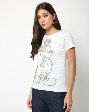 mickey mouse striped graphic print round-neck t-shirt