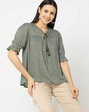 micro print top with tie-up