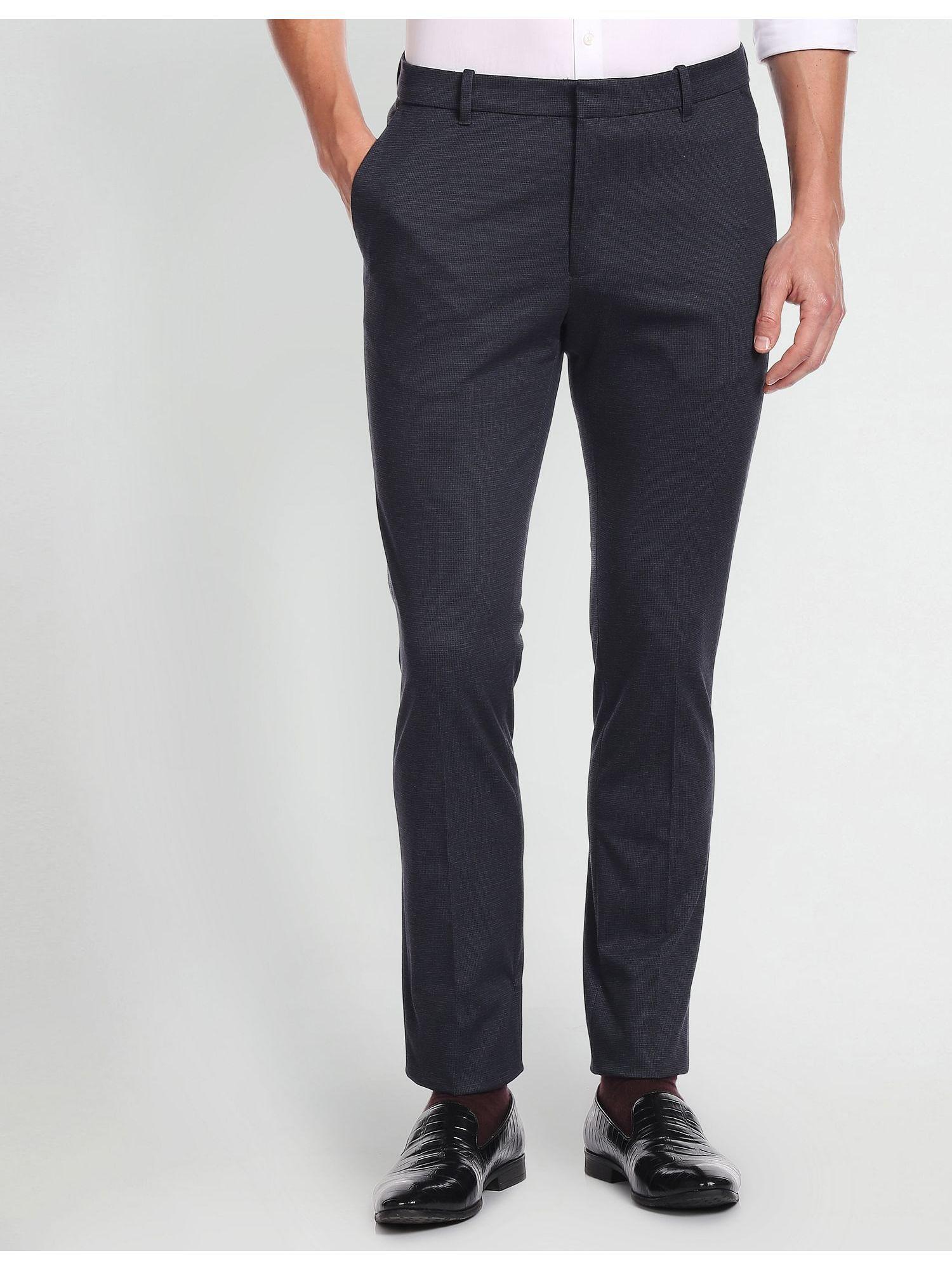 micro check super slim fit navy blue trousers