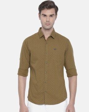 micro dot print slim fit shirt with patch pocket