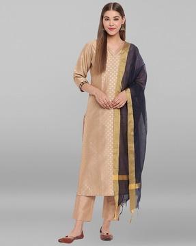 micro foil print straight kurta with pants & dupatta