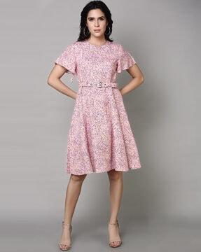 micro print a-line dress with flounce sleeves