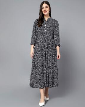 micro print a-line dress with mandarin collar